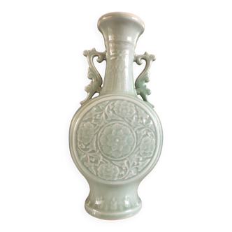 Bianhu Gourd Vase with handles Celadon porcelain/Relief decorations/China Qing dynasty late 19th century