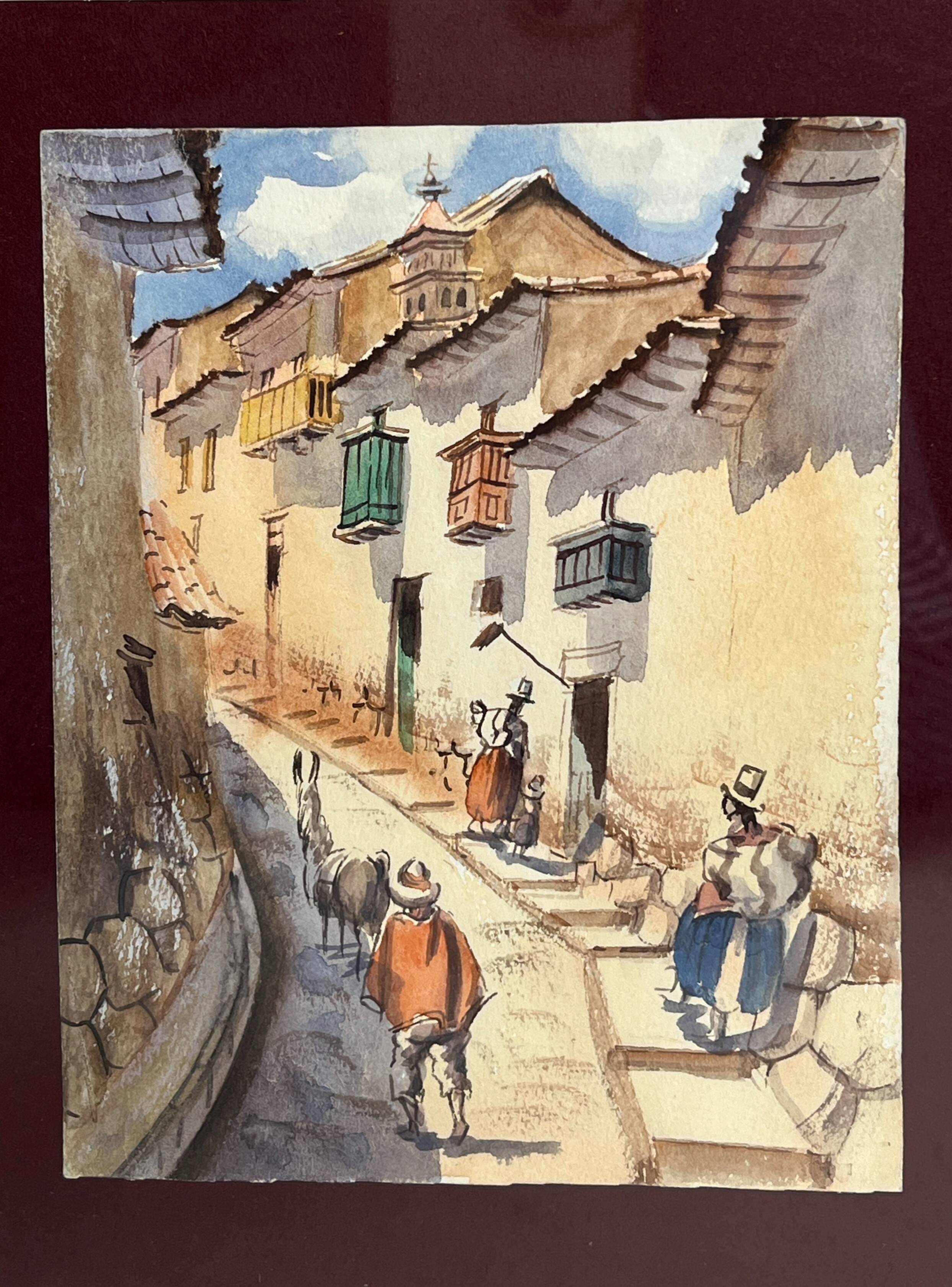 Gouache, lively street scene, South America, signed, 20th century