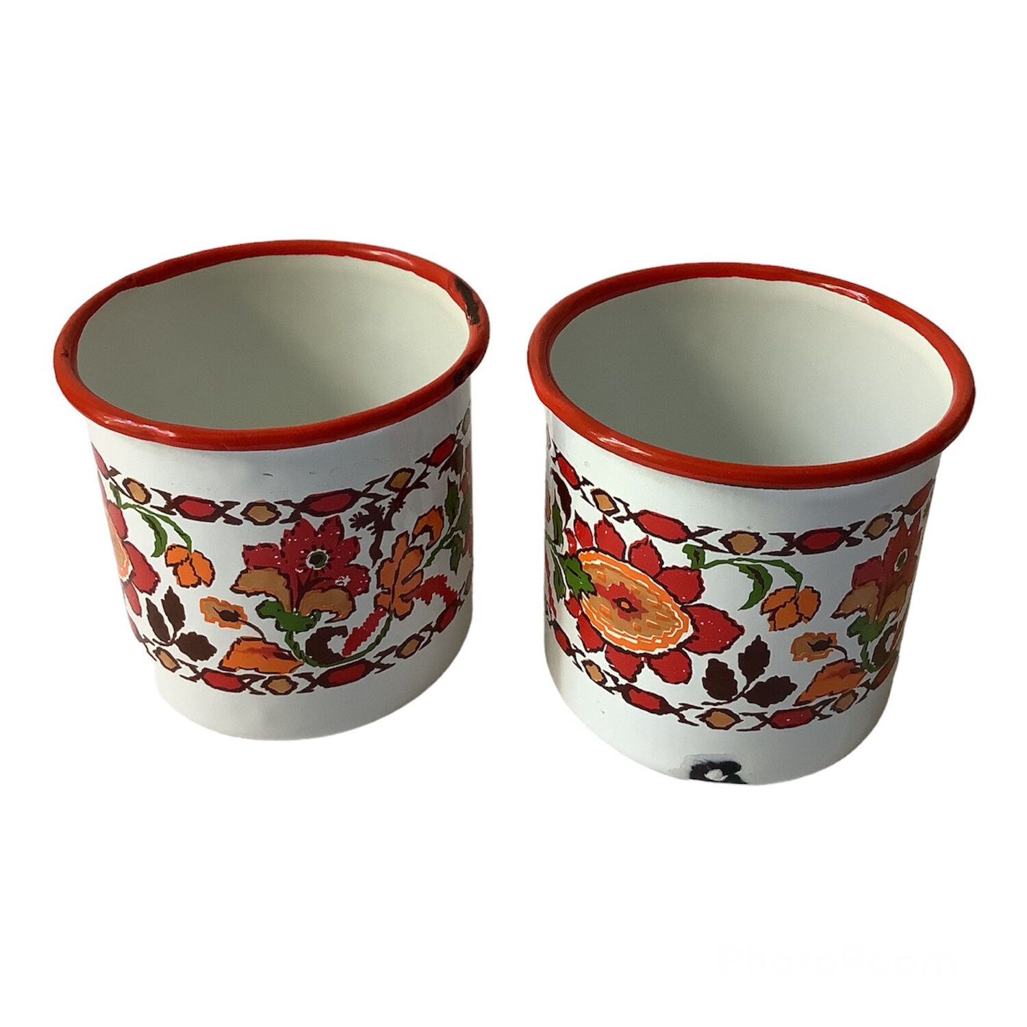 2 vintage sheet metal mugs