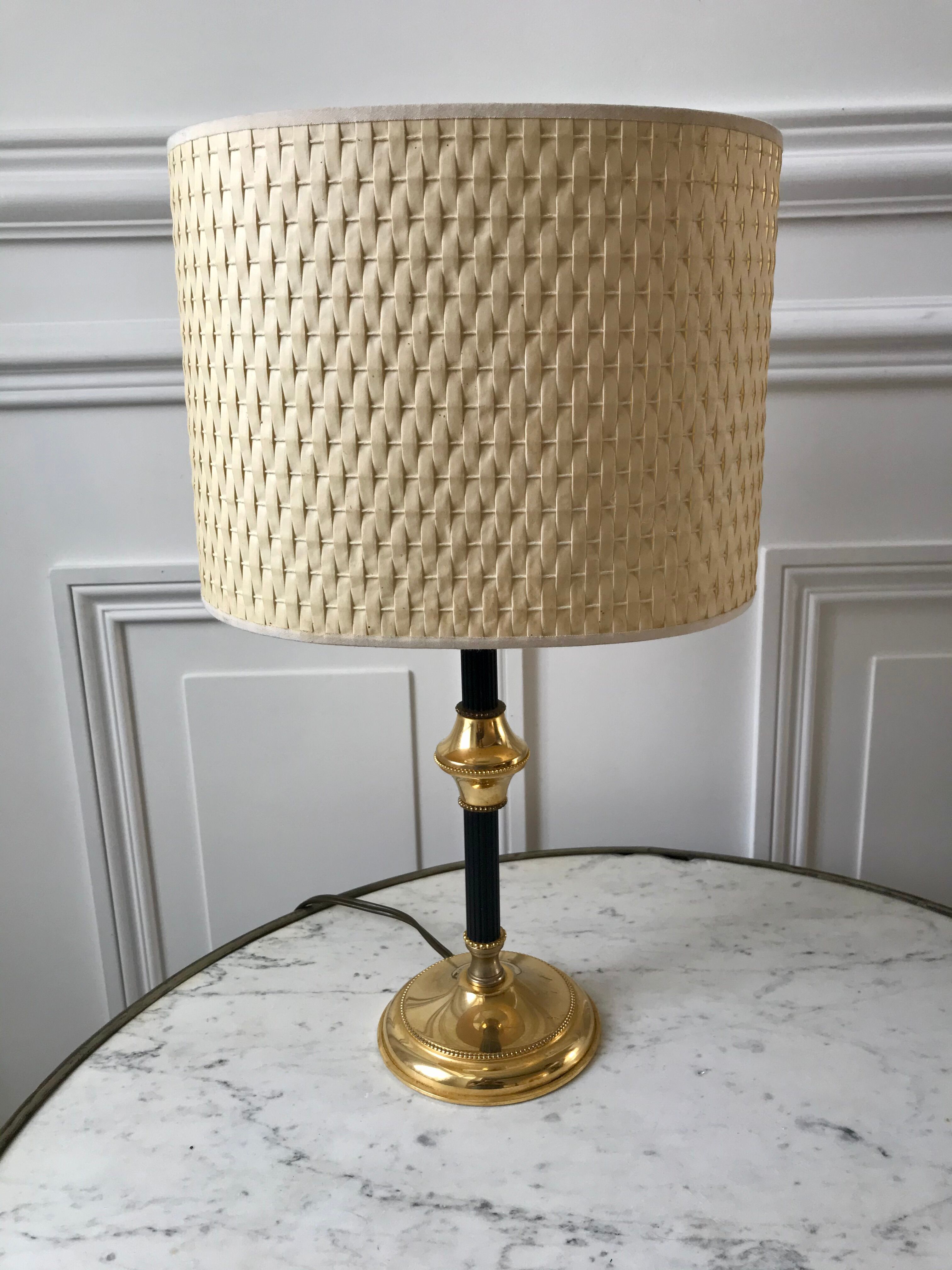 Brass and black metal lamp with woven lampshade woven 50s