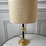Brass and black metal lamp with woven lampshade woven 50s