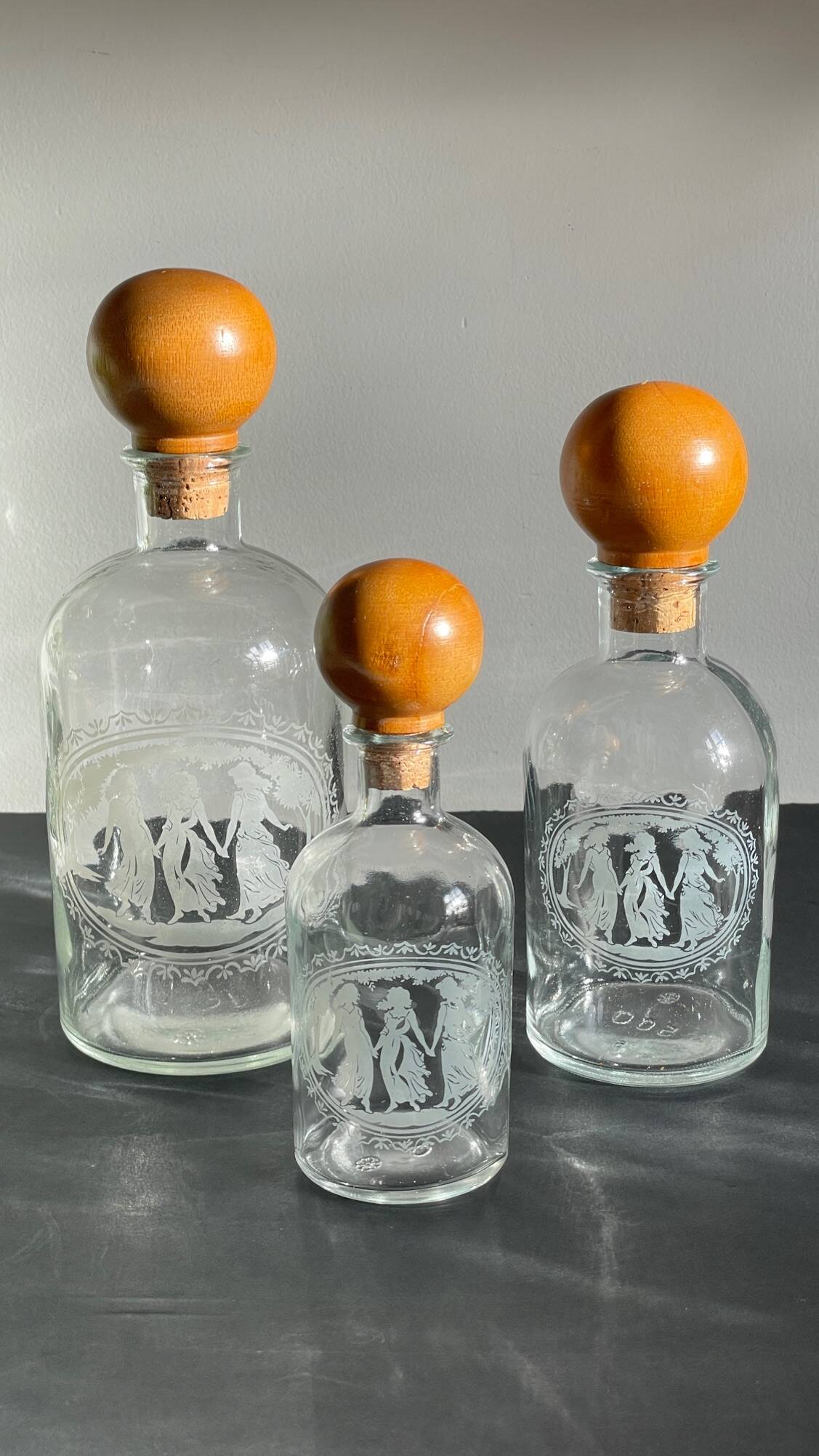 BOTTLES Engraved Glass and VINTAGE Wood