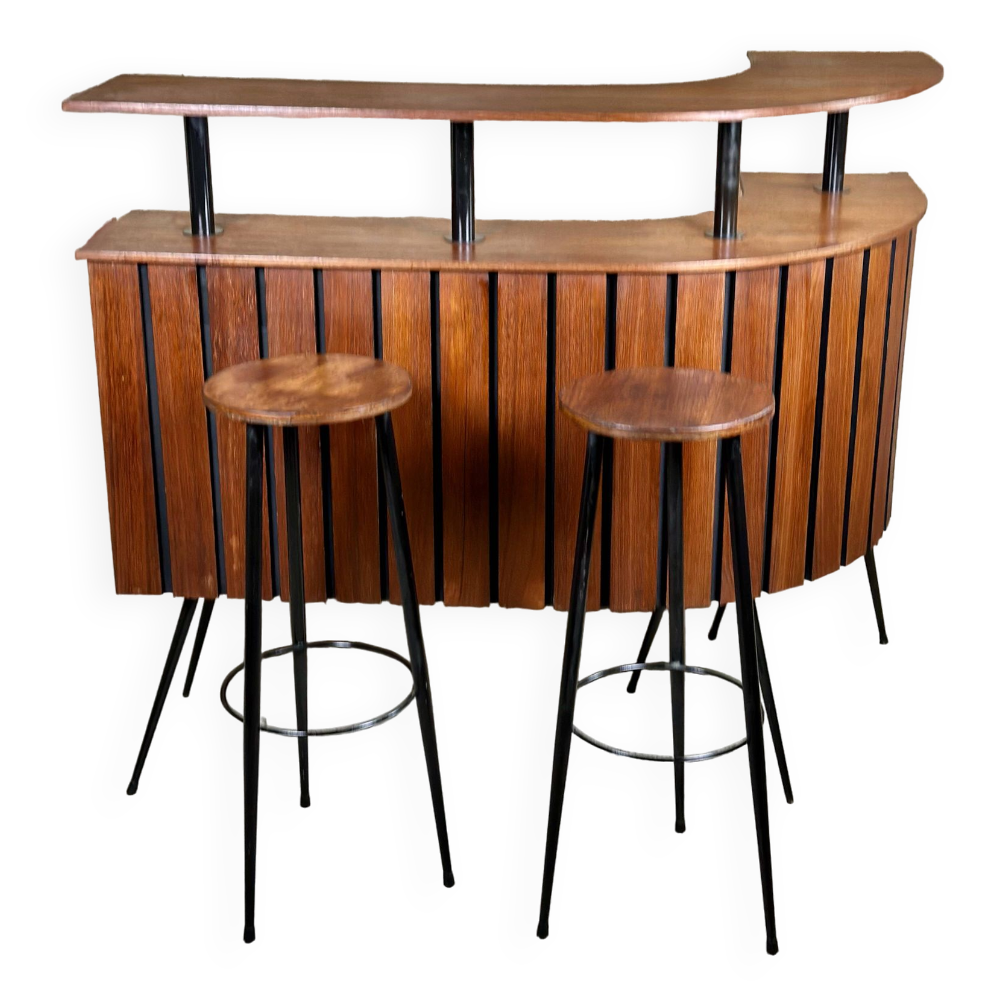 Cocktail bar in teak and metal and its 2 vintage stools 1950'S