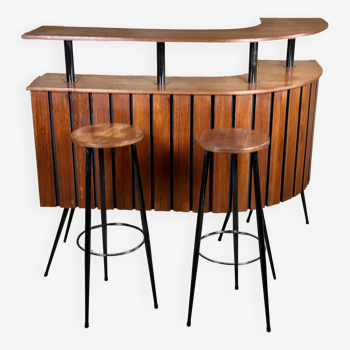 Cocktail bar in teak and metal and its 2 vintage stools 1950'S