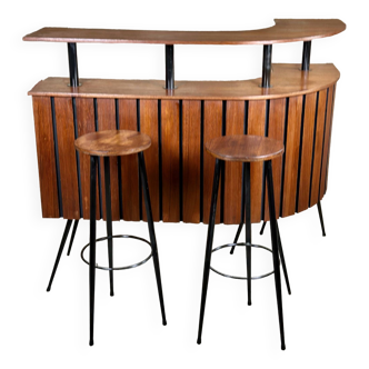 Cocktail bar in teak and metal and its 2 vintage stools 1950'S