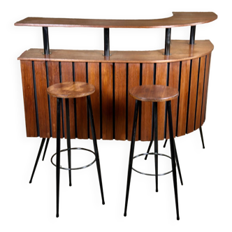 Bar cocktail en teck et métal et ses 2 tabourets vintage 1950'S