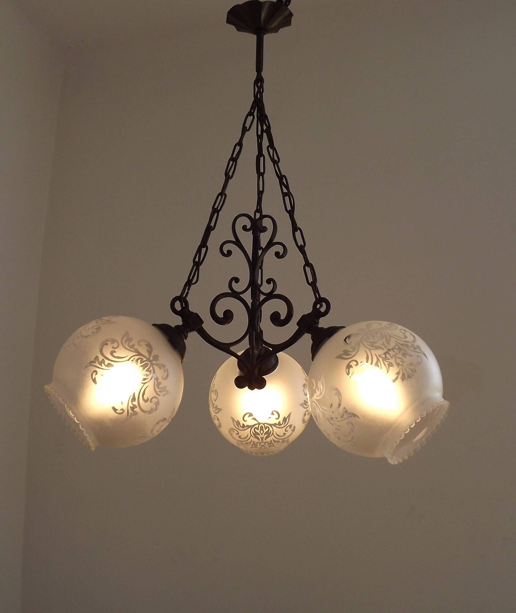 French Vintage 3 Light Bronze Effect Chandelier - Opaque Glass Ball Shades
