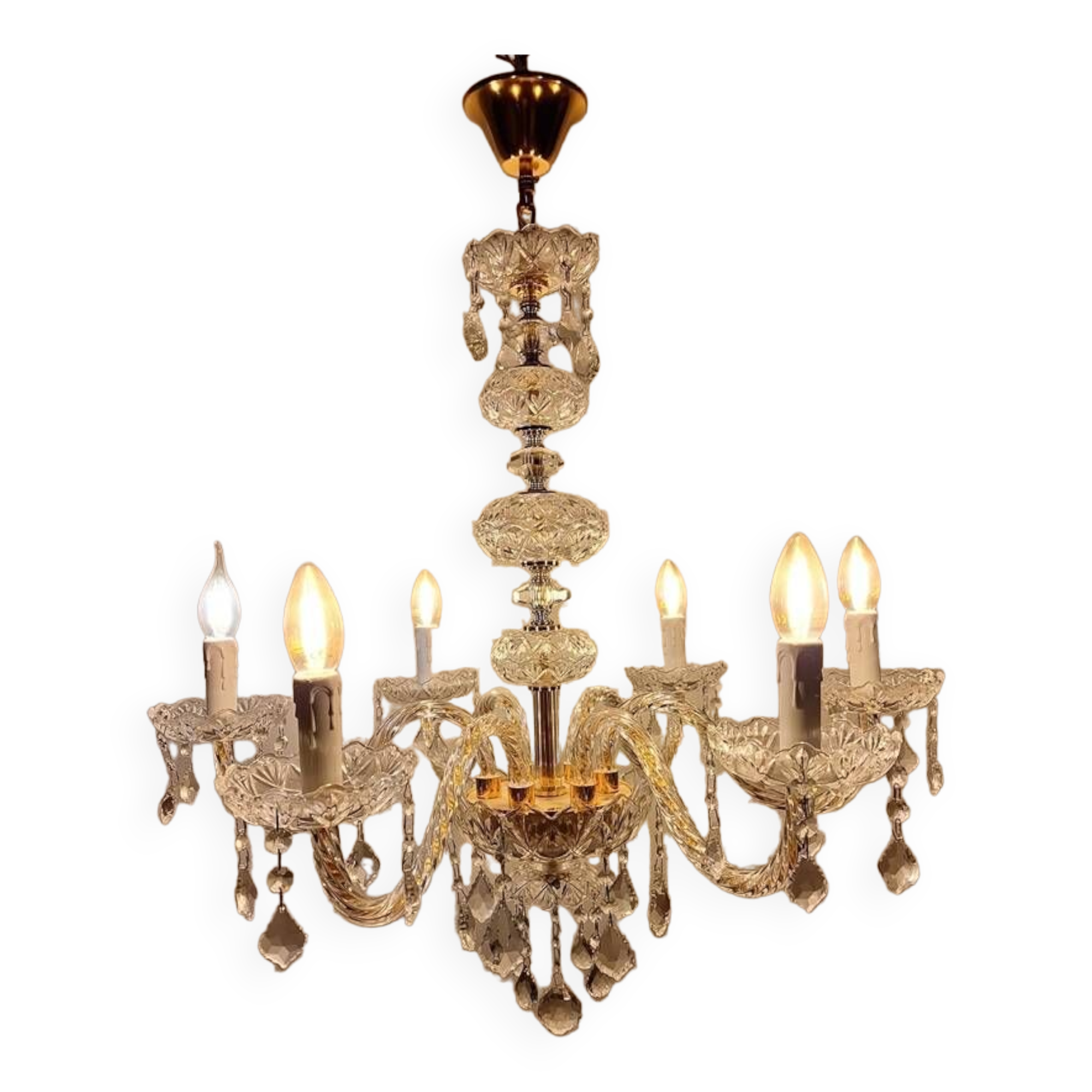 Italian Gold and Crystal 6 Branch Chandelier