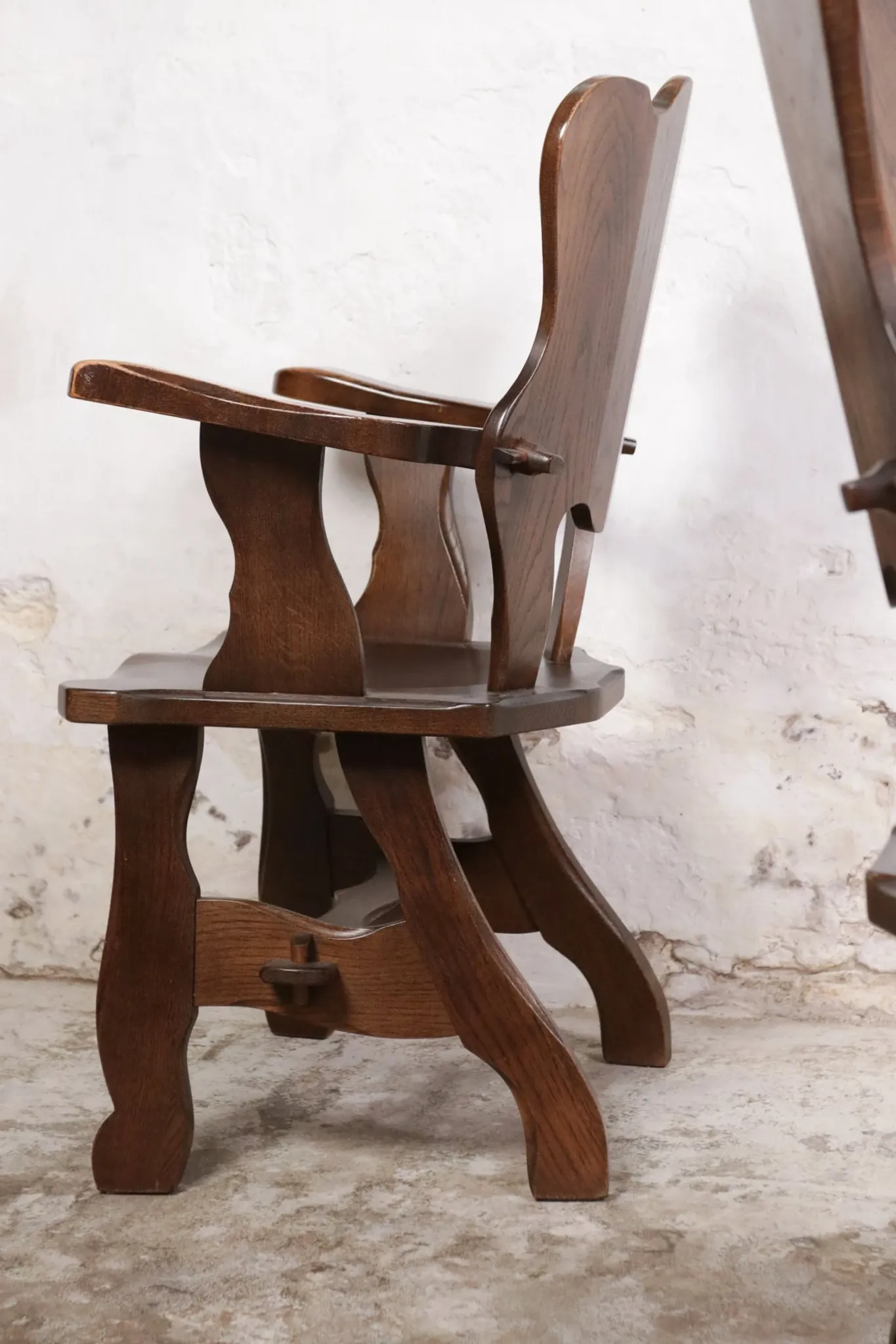 Story book brutalist wabi sabi oak fireplace lounge chairs