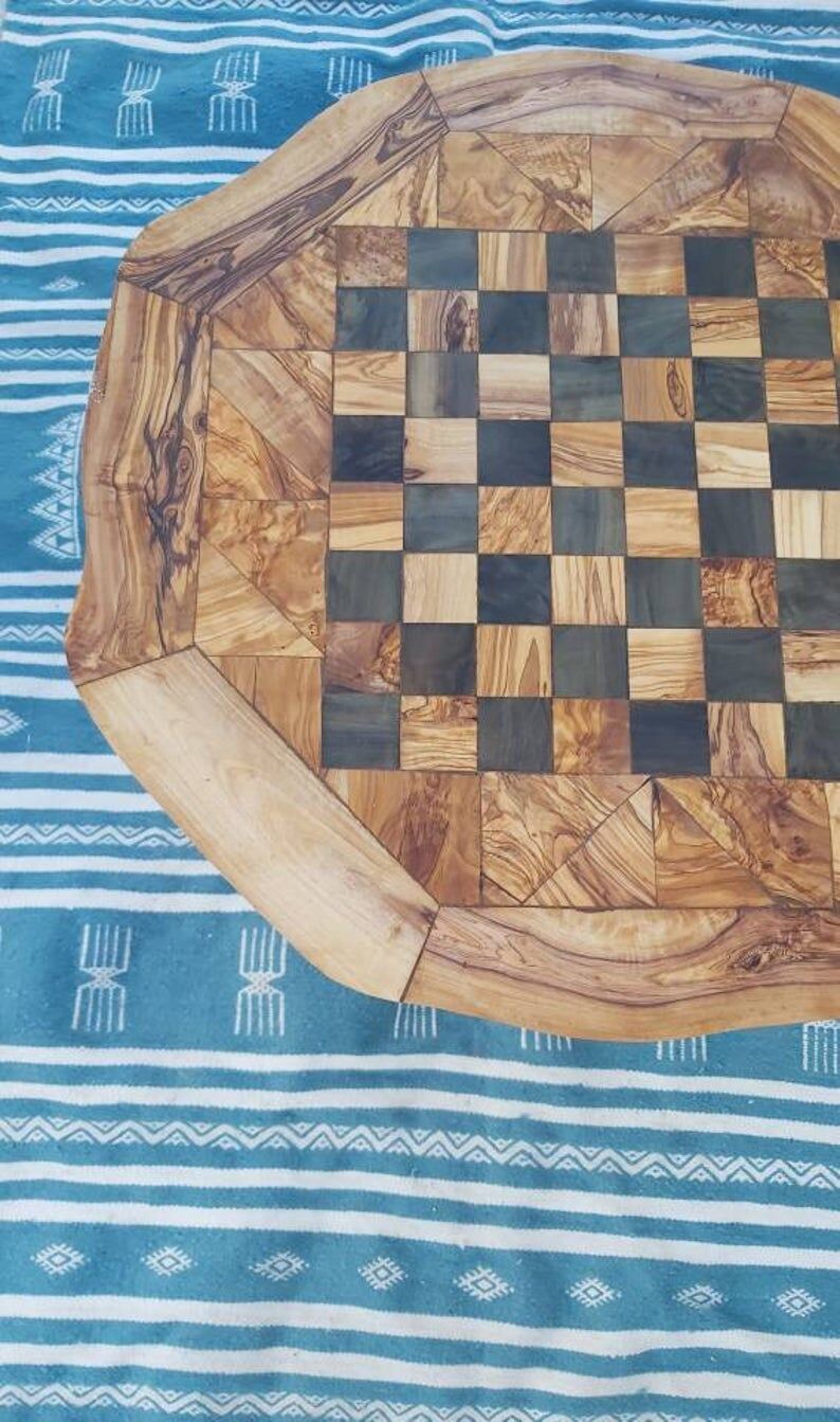 Chess game table, rustic olive wood