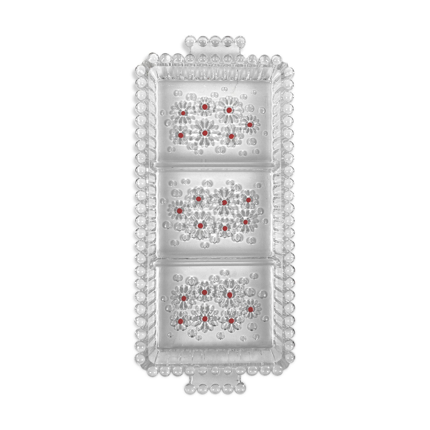 Glass compartmentalized dish patterned flowers and balls