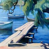 Painting "The sunny pontoon" HST signed A. Robert (post impressionist)