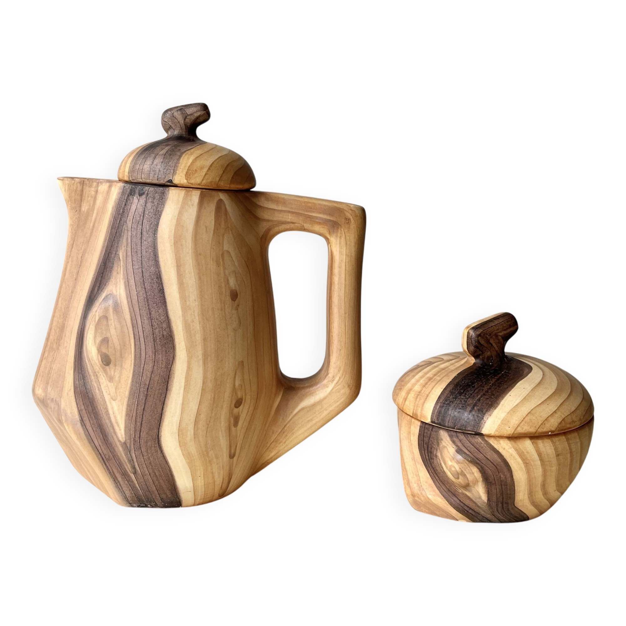 Vintage Grandjean Jourdan Vallauris faux wood coffee maker + sugar bowl