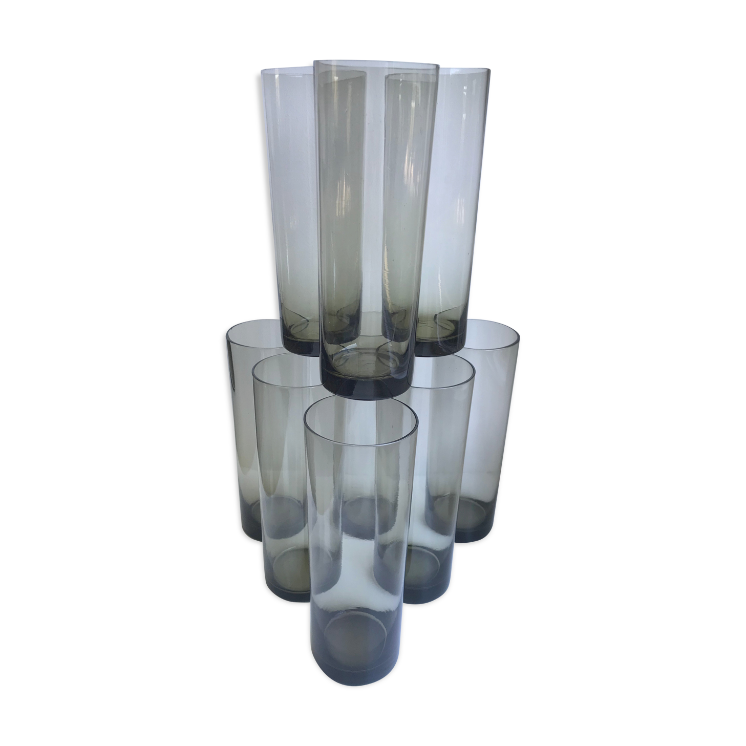 Set of 9 very large glasses in smoked glass 70s