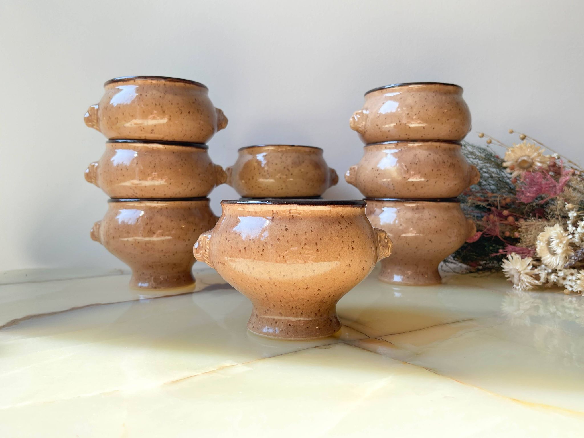 9 Vintage Emile Henry Speckled Beige Ceramic Lion Head Bowls Made in France
