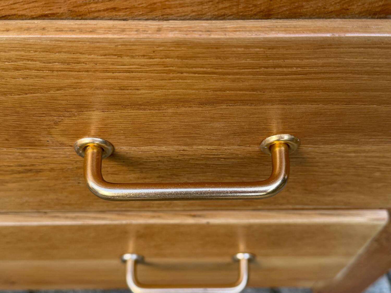 Vintage chest of drawers with tapered legs, solid raw oak, 1960.