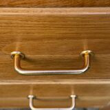 Vintage chest of drawers with tapered legs, solid raw oak, 1960.