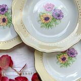 4 vintage porcelain soup plates with white and golden yellow floral pattern L'Amandinoise "Coopélia"