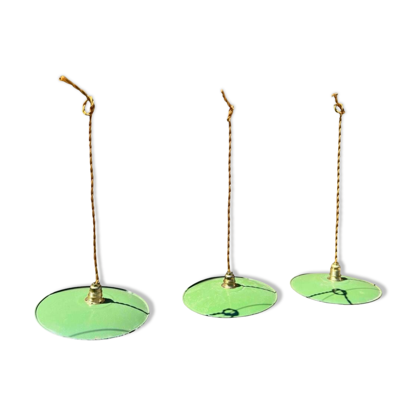 Trio of vintage pendant lampshades in enamelled sheet metal with gold threads