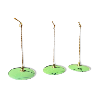 Trio of vintage pendant lampshades in enamelled sheet metal with gold threads
