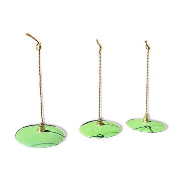 Trio of vintage pendant lampshades in enamelled sheet metal with gold threads