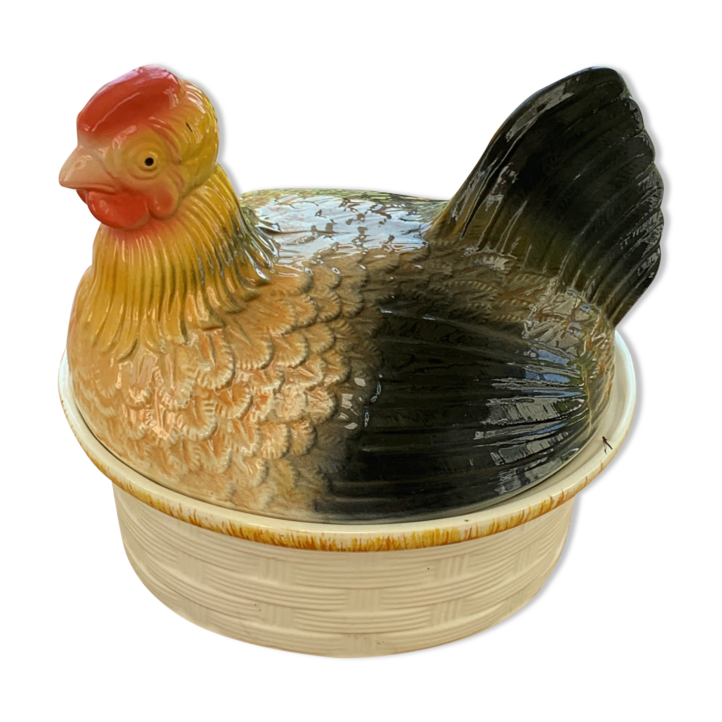 Terrine hen in slurry, vintage glazed ceramic