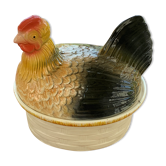 Terrine hen in slurry, vintage glazed ceramic