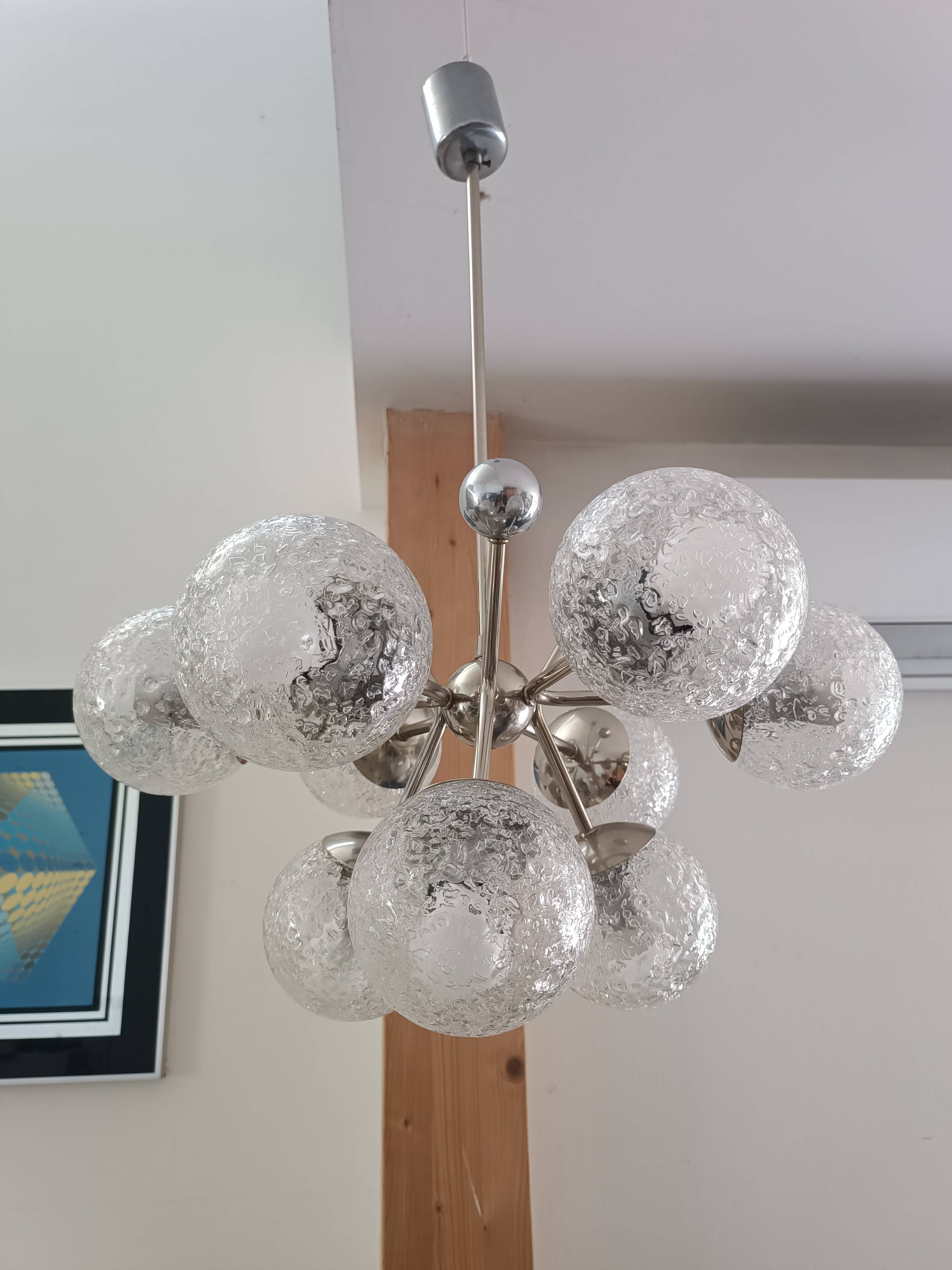 Lustre scandinave spoutnik atomic ice glass 1970s