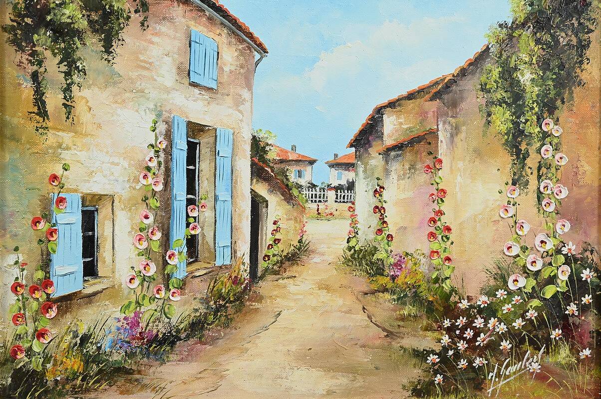 Painting “The Blue Shutters”, signed J. Gaubert – 2nd part 20th century