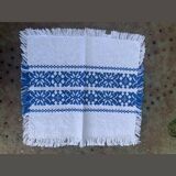 Rectangular tea tablecloth and 6 napkins, made in France, Basque linen, white and blue, Vintage