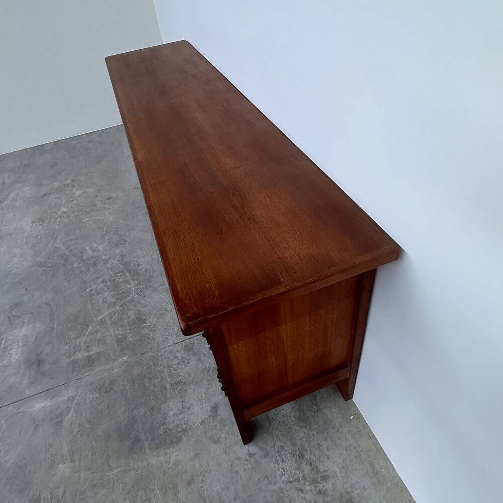 Brutalist solid oak sideboard with hand-forged iron hardware, Belgium, 1970s