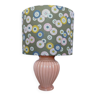 Coral tar ceramic lamp, khaki lampshade with flowers.