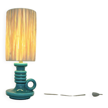 Art Deco green ceramic candle holder lamp base with raffia shade