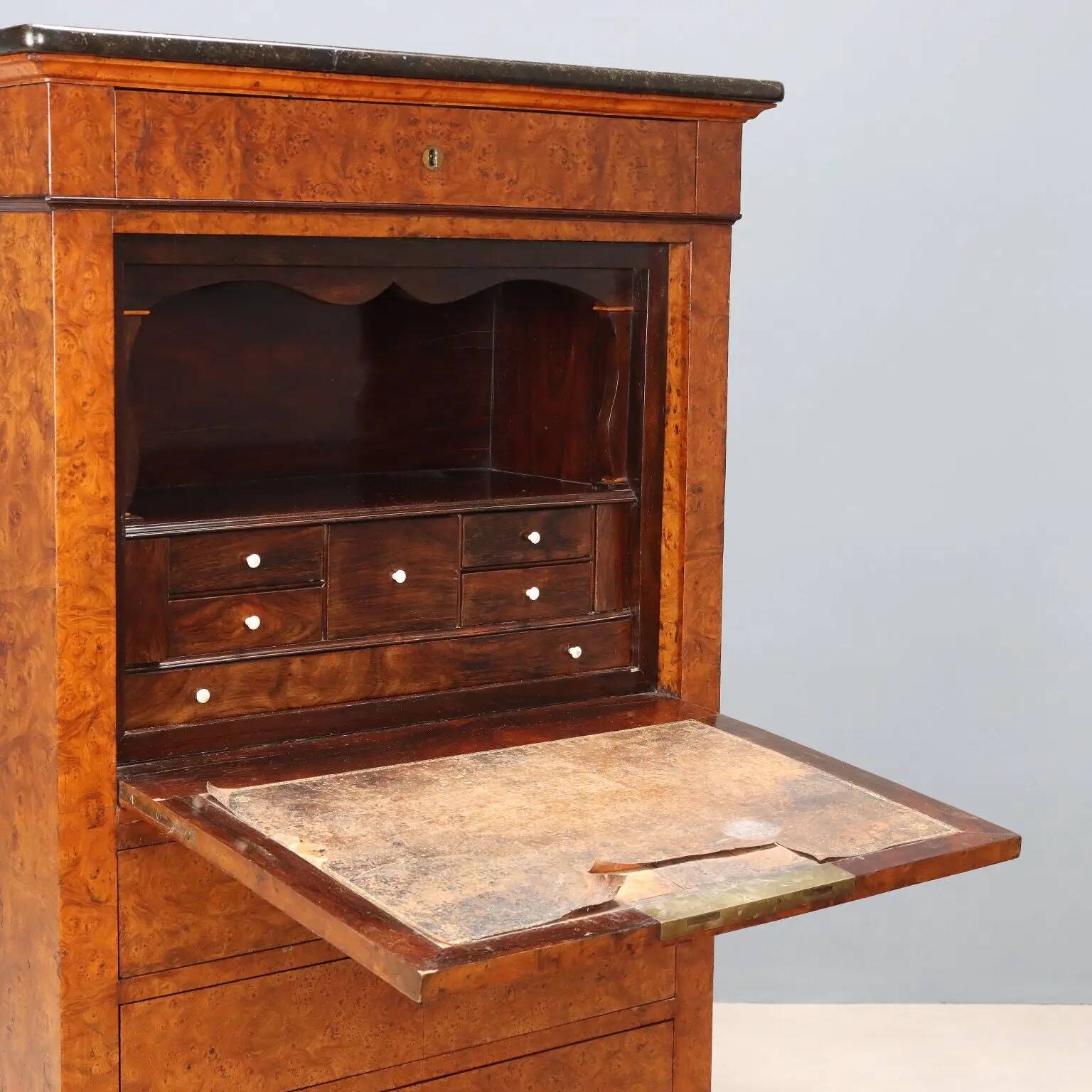 Former secretary in elm with a marble top, France, 19th century.