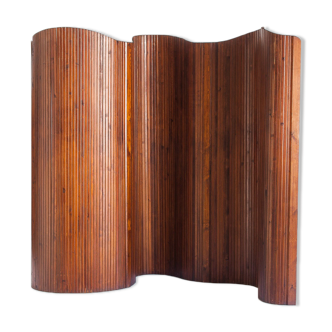 Vintage articulated pine screen by Jomain Baumann for Melun, France 1920-1930