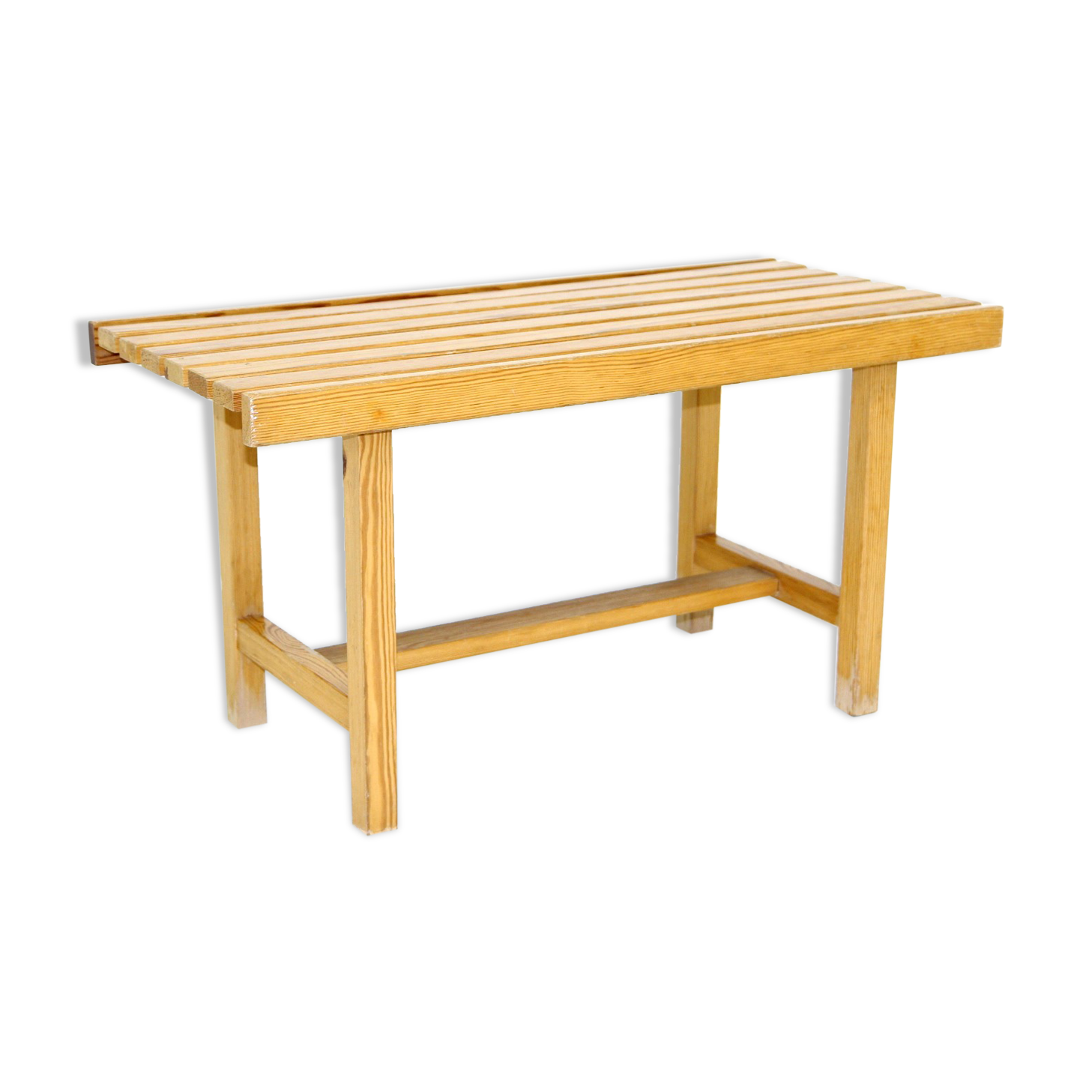 Minimalist pine bench, suede, 1970