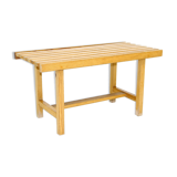 Minimalist pine bench, suede, 1970