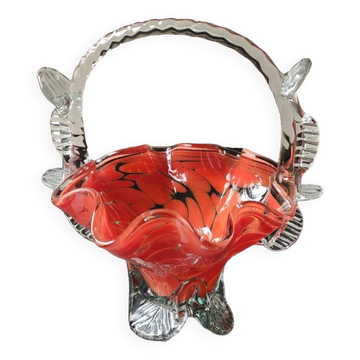Vide poche/Panier, Corbeille à bonbons. En verre d Art soufflé. Moucheté orange. Style Murano