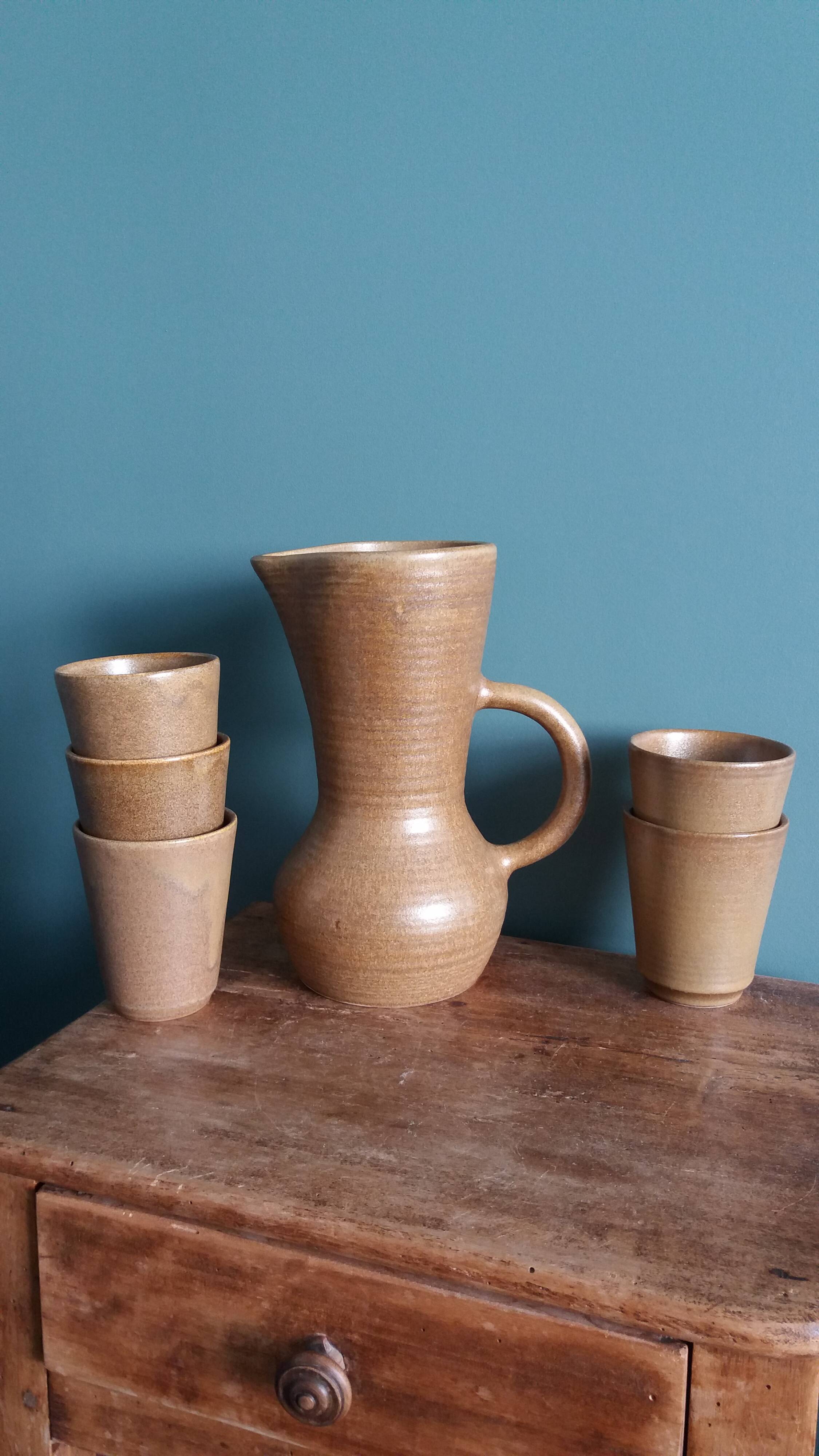 Cider or orangeade service Digoin, jug and stoneware glasses.