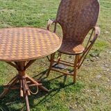 A table and two armchairs in chestnut slats 1970
