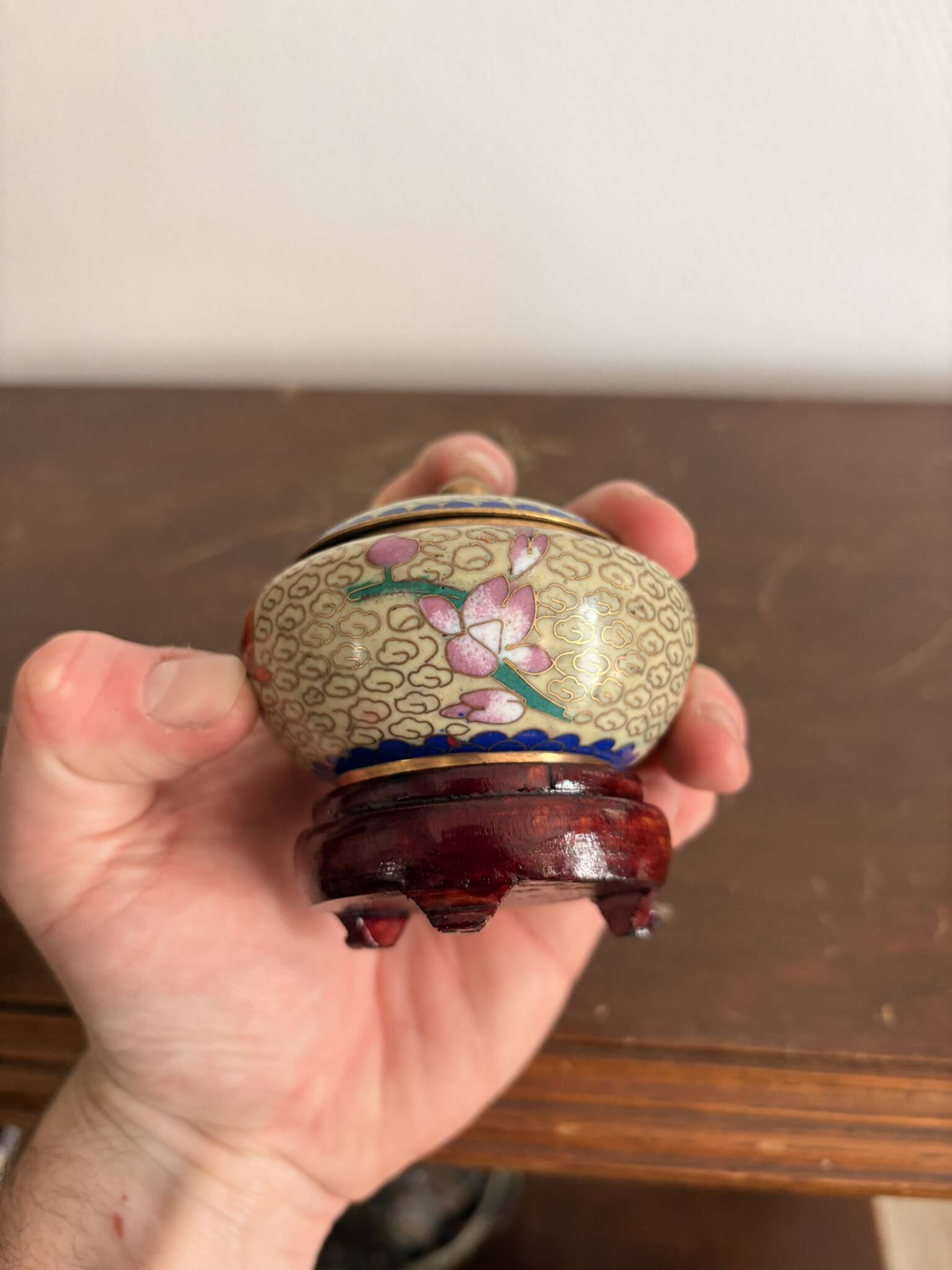 Antique Box Pot Lid Cloisonné Chinese Peony Jewellery Cosmetic