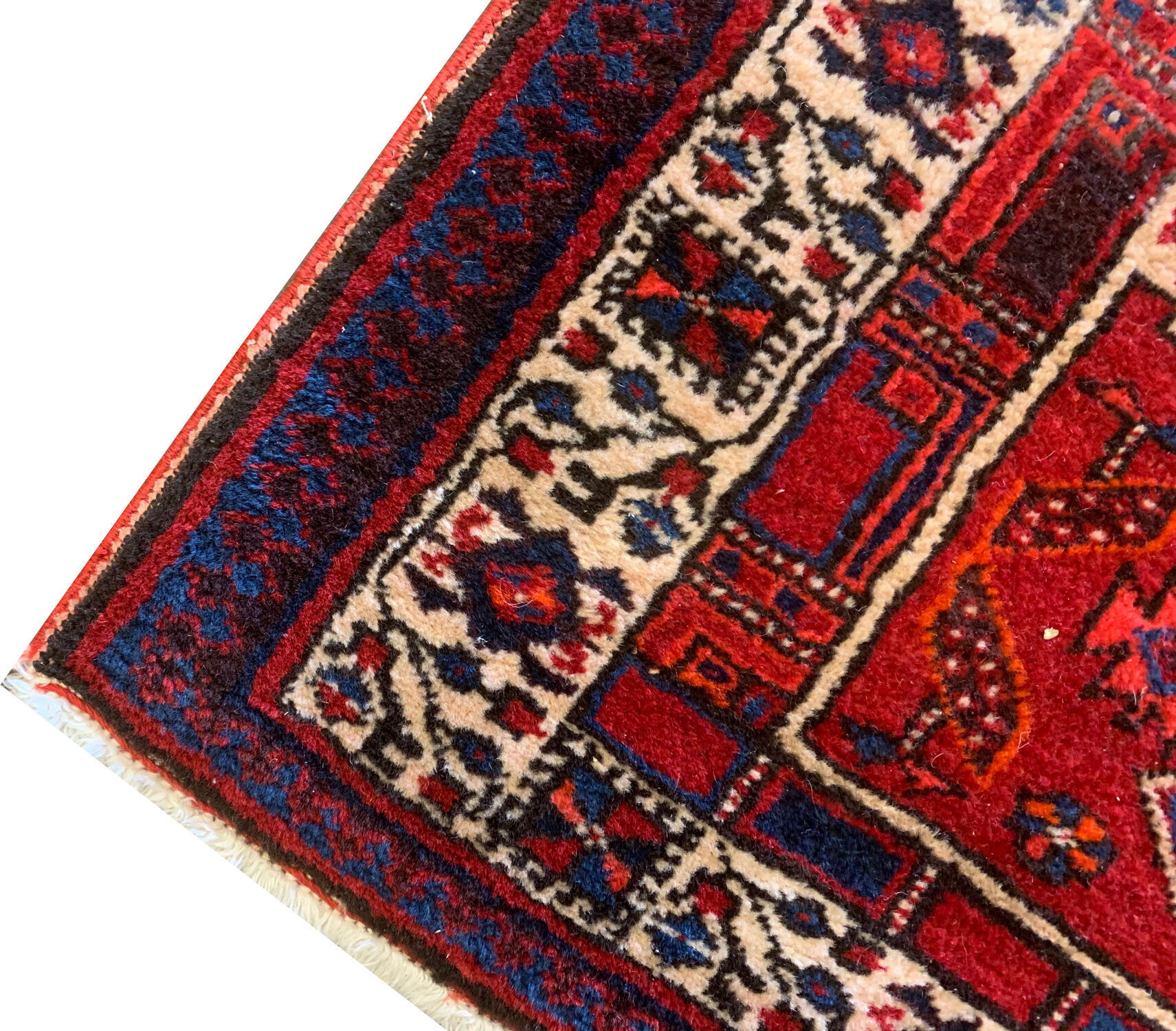 Red vintage persian hamedan rug 1930 handwoven tribal runner 99x337cm