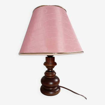 Turned wood table lamp, pink lampshade, retro chic