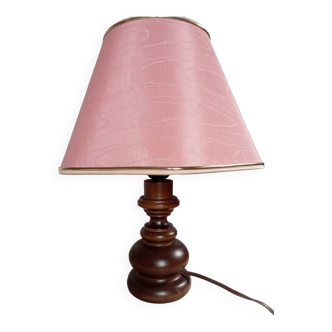 Turned wood table lamp, pink lampshade, retro chic