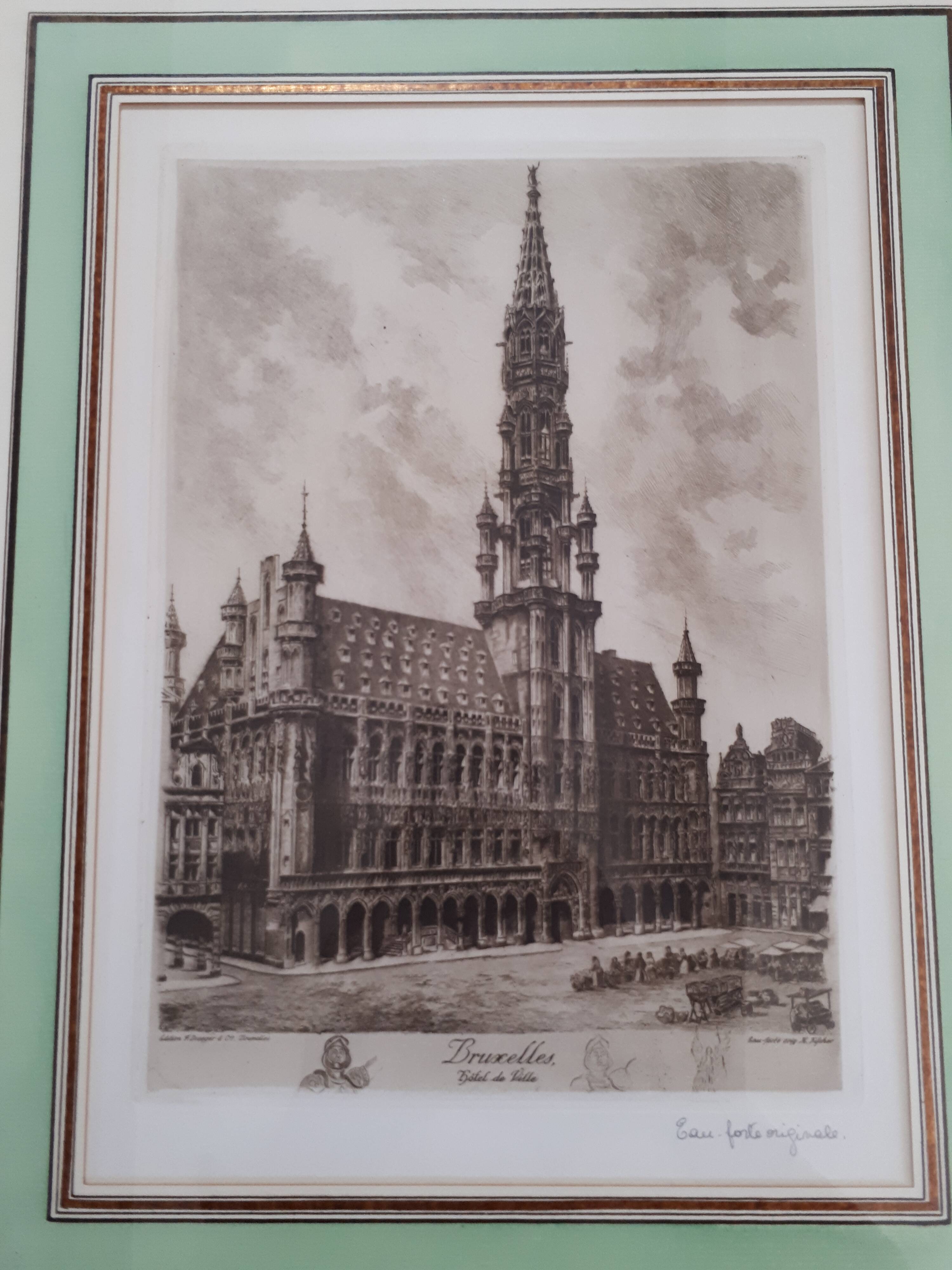 Painting lithograph engraving etching Brussels Town Hall