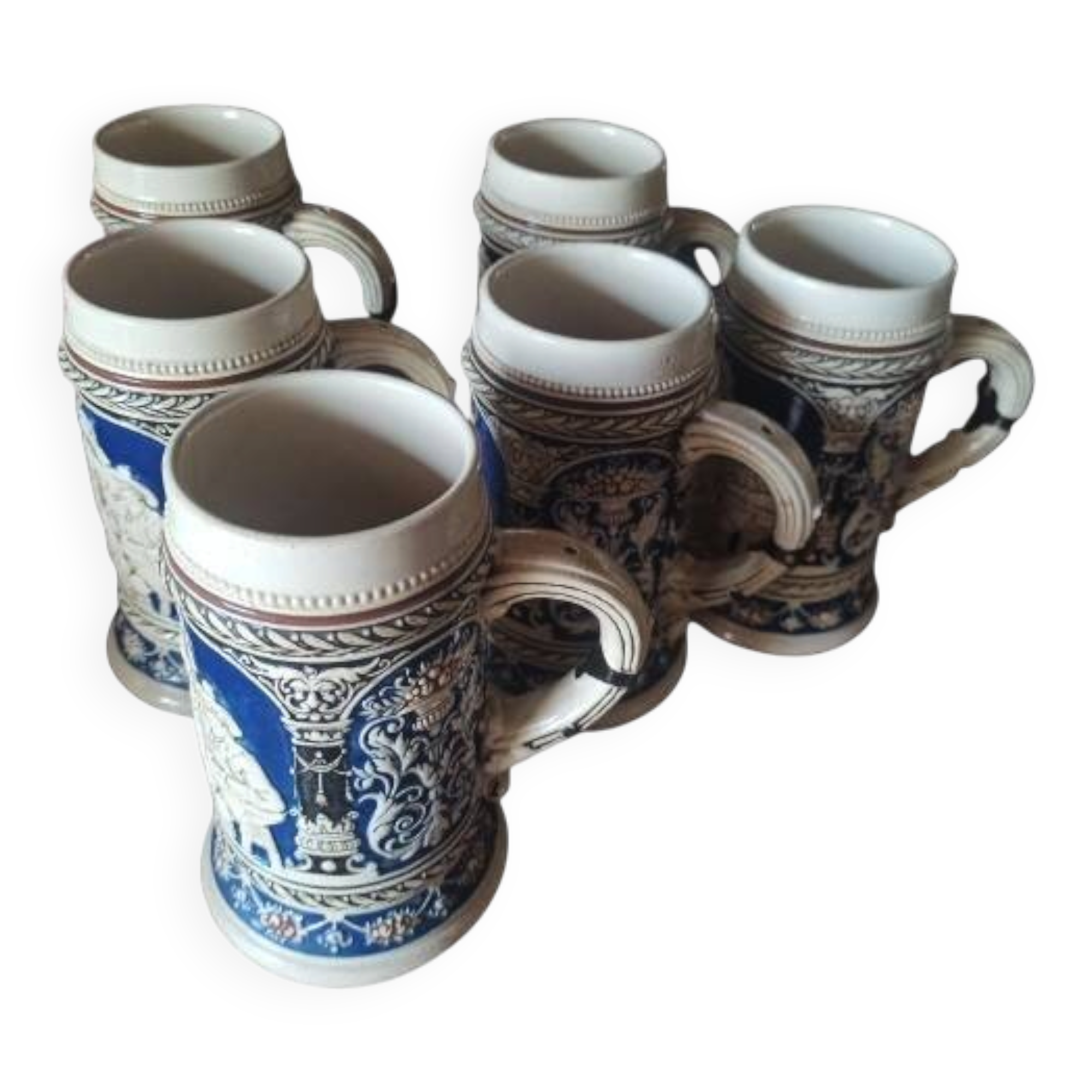 Lot de 6 chopes grès de Westerwald + grand bol + louche