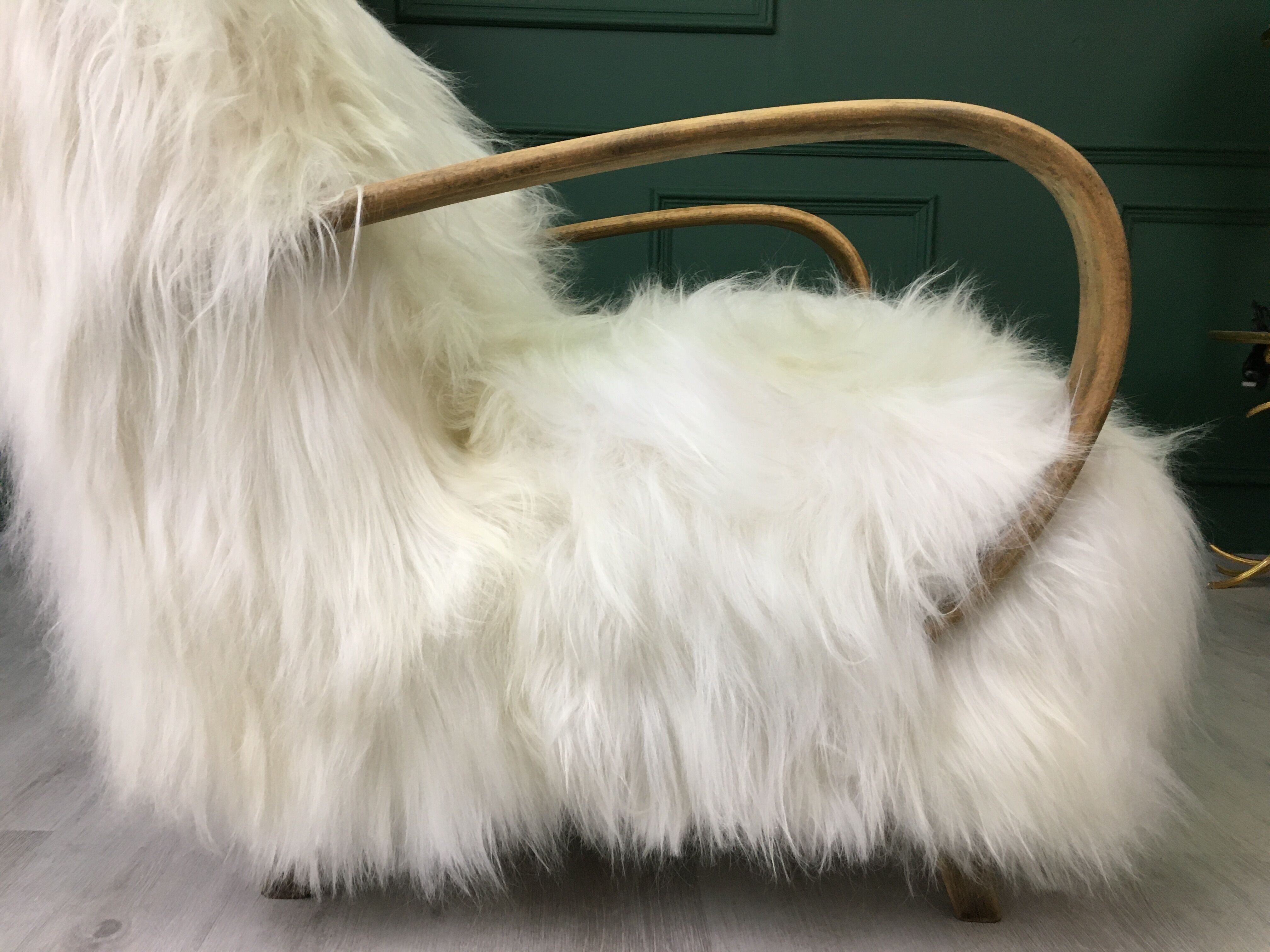 White fluffy sheepskin bentwood armchair halabala
