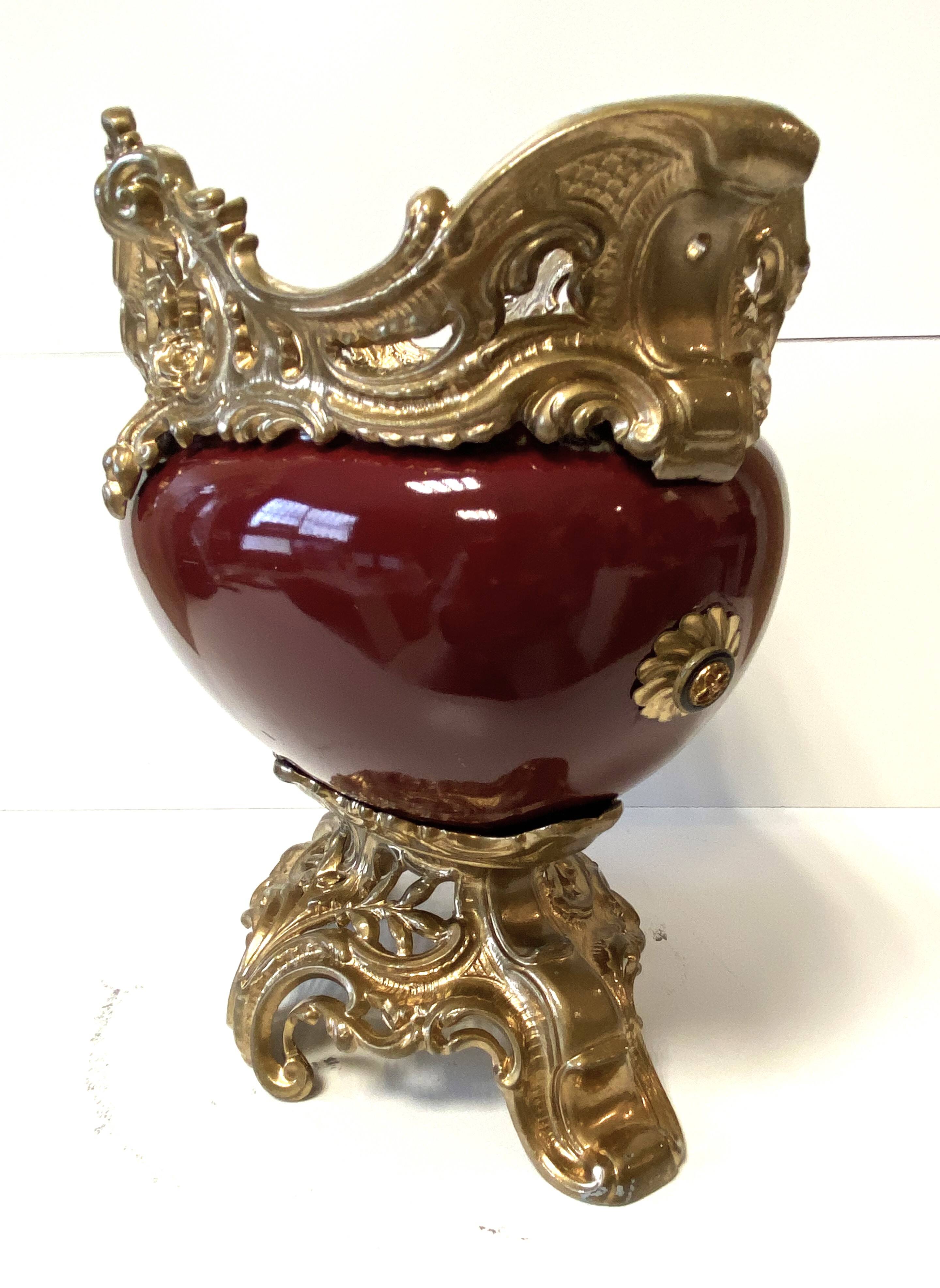 Antique Napoleon III Centrepiece Jardinière in Gilded Metal and Faience