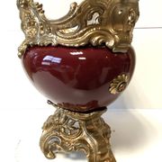 Antique Napoleon III Centrepiece Jardinière in Gilded Metal and Faience