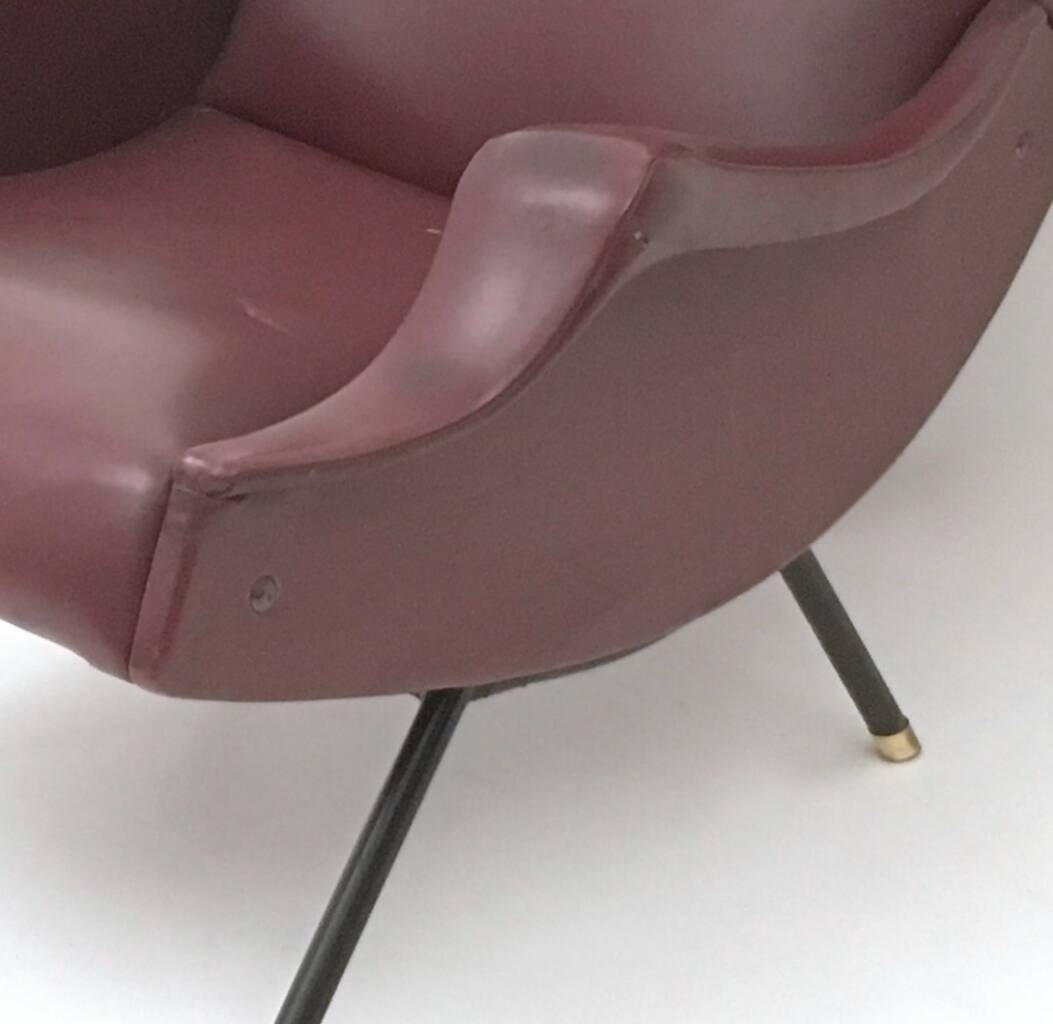 Burgundy Skai, Brass and Metal Lounge Chair, Italy